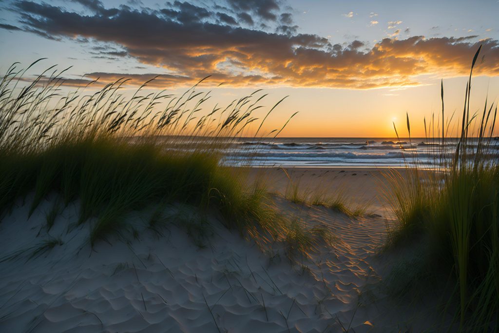 sunset-ocean-with-sun-setting-dunes